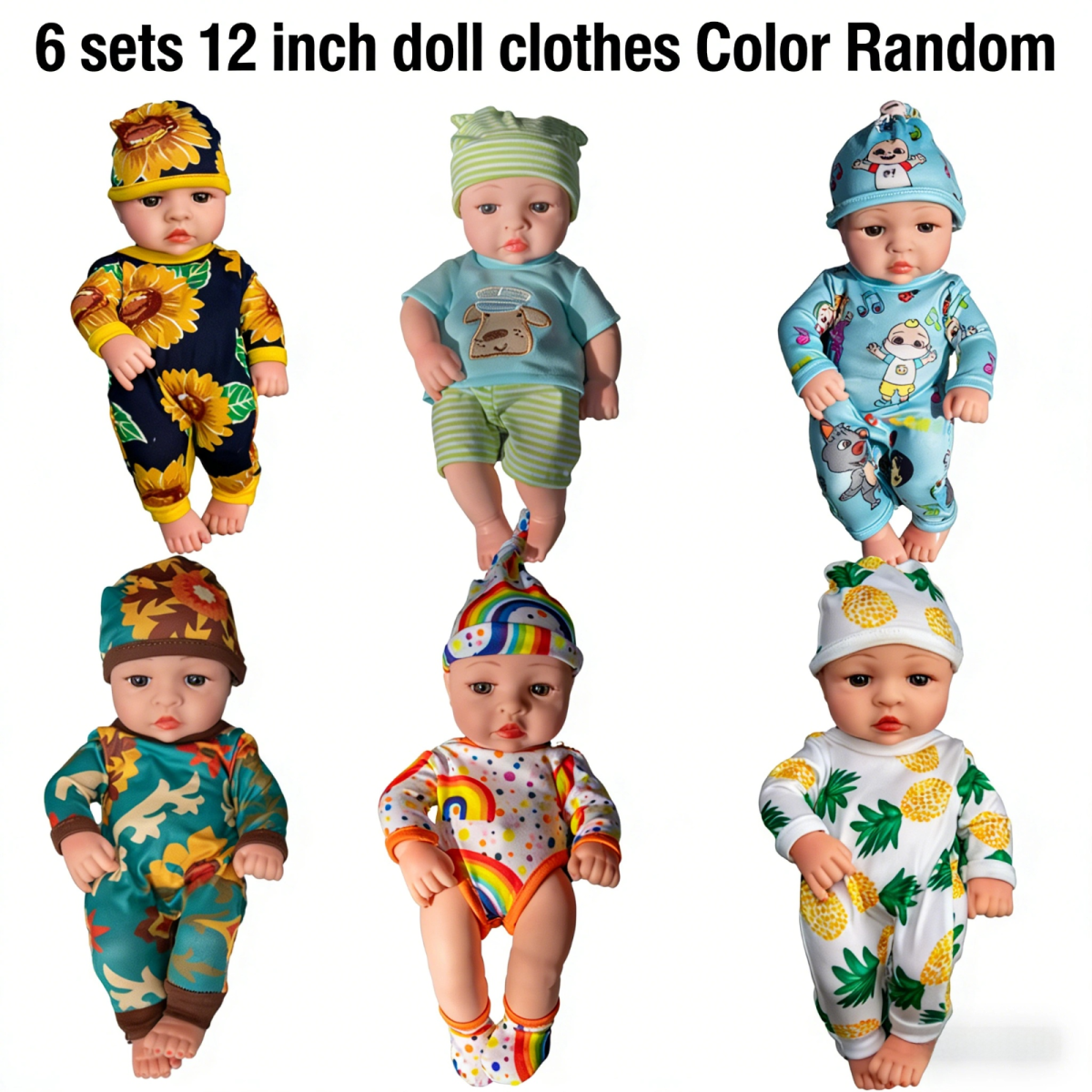 AlevRam 6 Sets 12 inch Baby Doll Clothes, Random Styles Doll Outfit Set Includes Bodysuit Hat Socks,