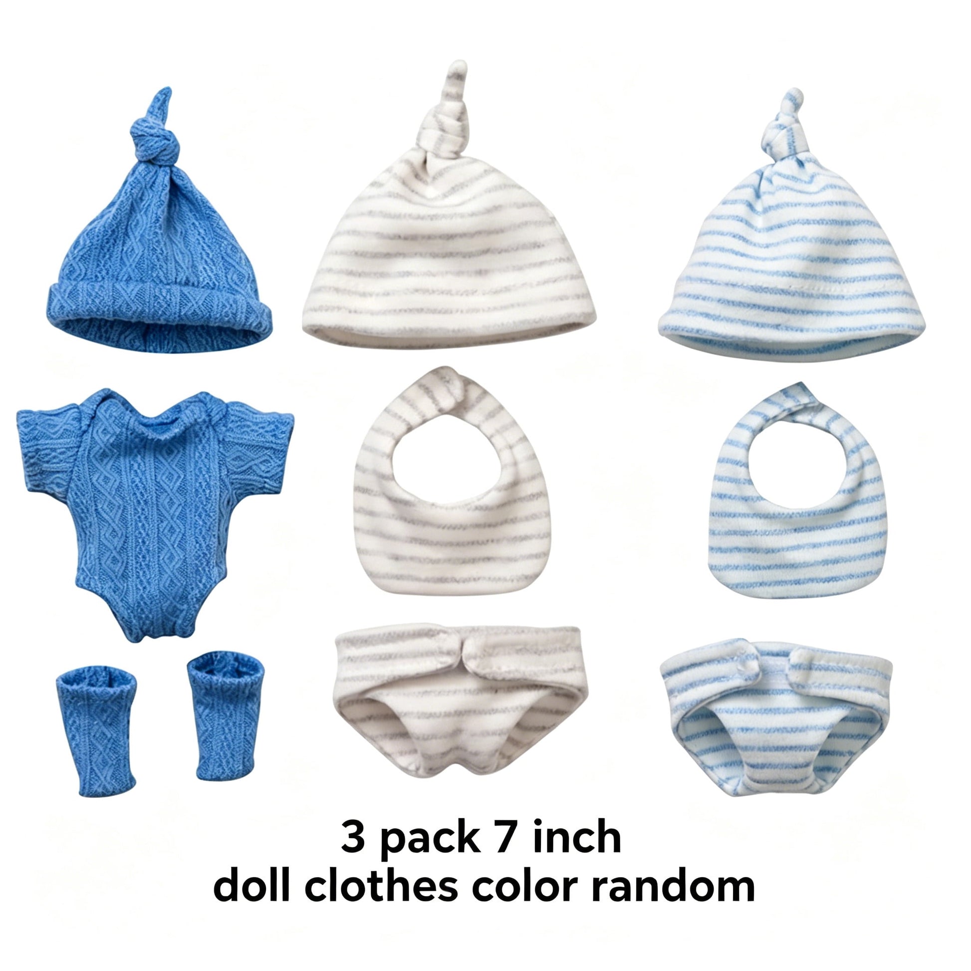AlevRam 7 inch Knit Doll Clothes 3 Pack Color Random, Onesie Outfit Set with Hat No-Button Bodysuit 