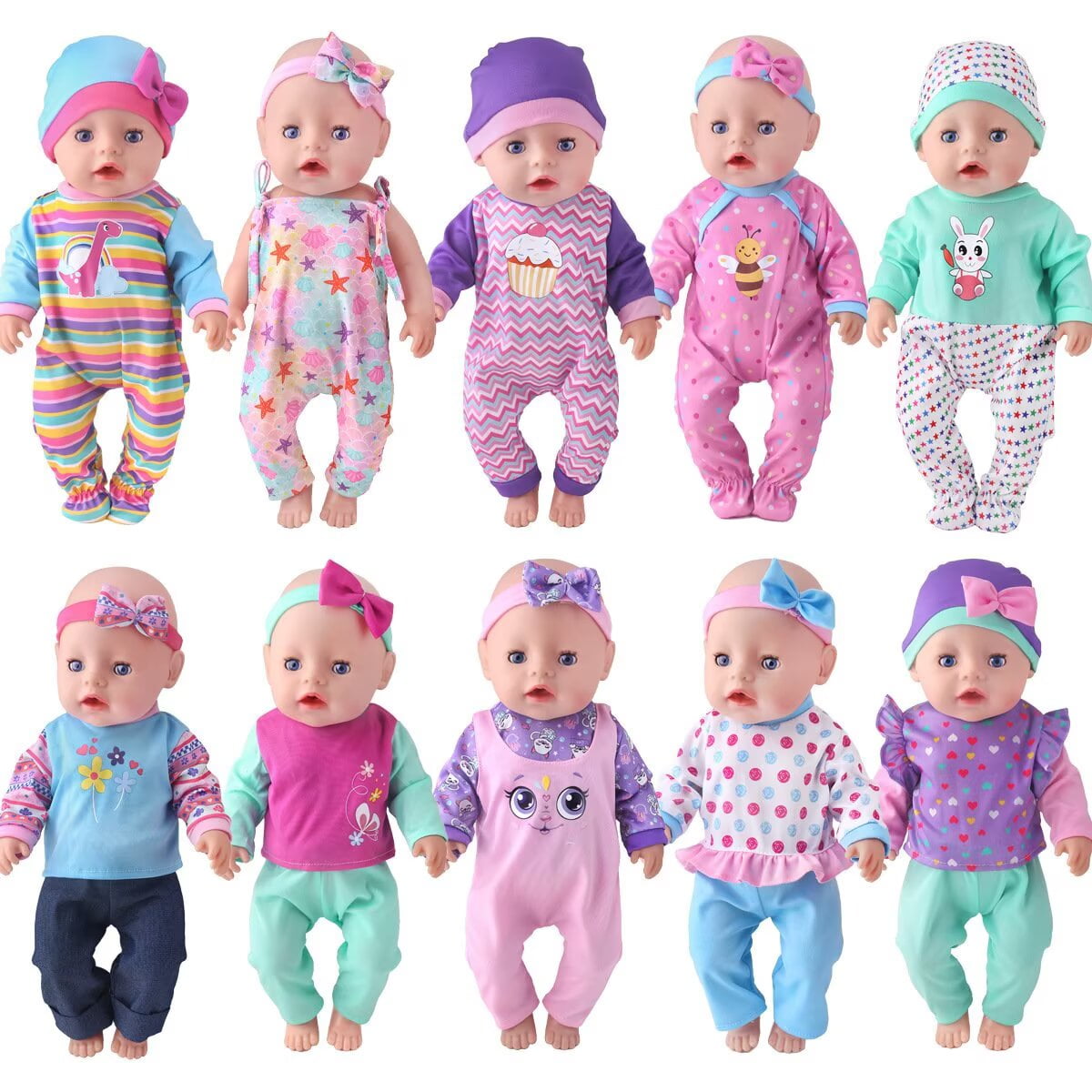 AlevRam AlevRam 10-Pack 18 inch Doll Clothes Outfits with Headbands or Hats, Cute Printed Romper Jum