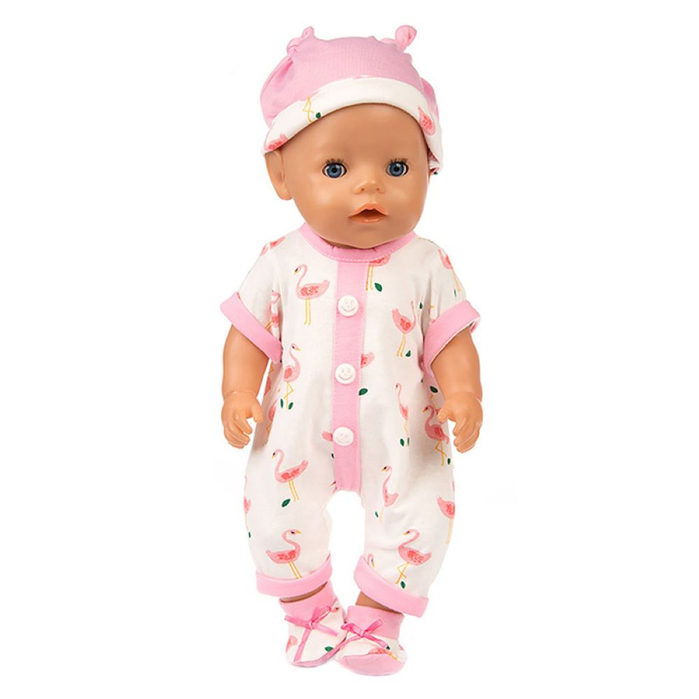 AmaMary Doll Clothing Set Pink Bird Cotton Bodysuit with Hat and Socks, Fits 16–18 inch Reborn Dolls