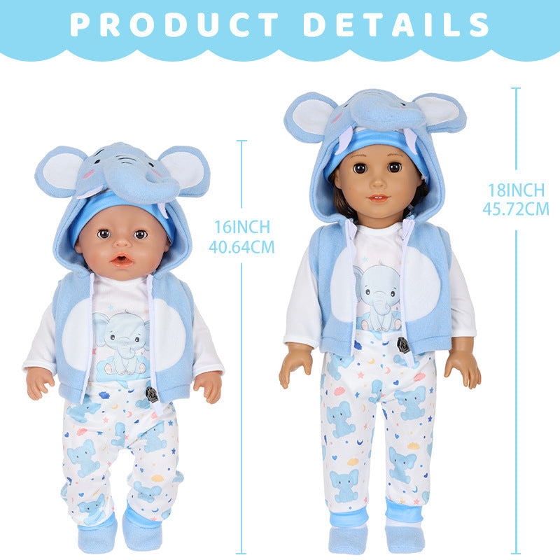 AmaMary 5 pcs 18 inch Doll Clothes, Blue Elephant Cotton Plush Fall Winter Outfit Set for Girls – Jacket, Pants, Long Sleeve, Hat, Socks – Birthday Gift