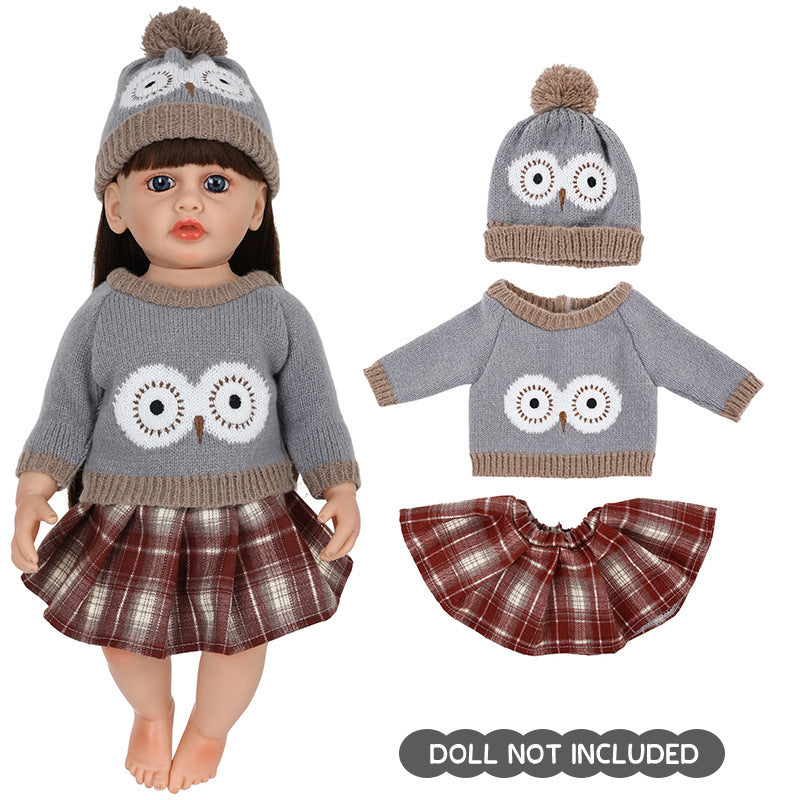 AmaMary 22 inch Reborn Doll Winter Plaid Outfit, 3 Piece Gray Sweater Skirt and Hat Set for Christmas Gift