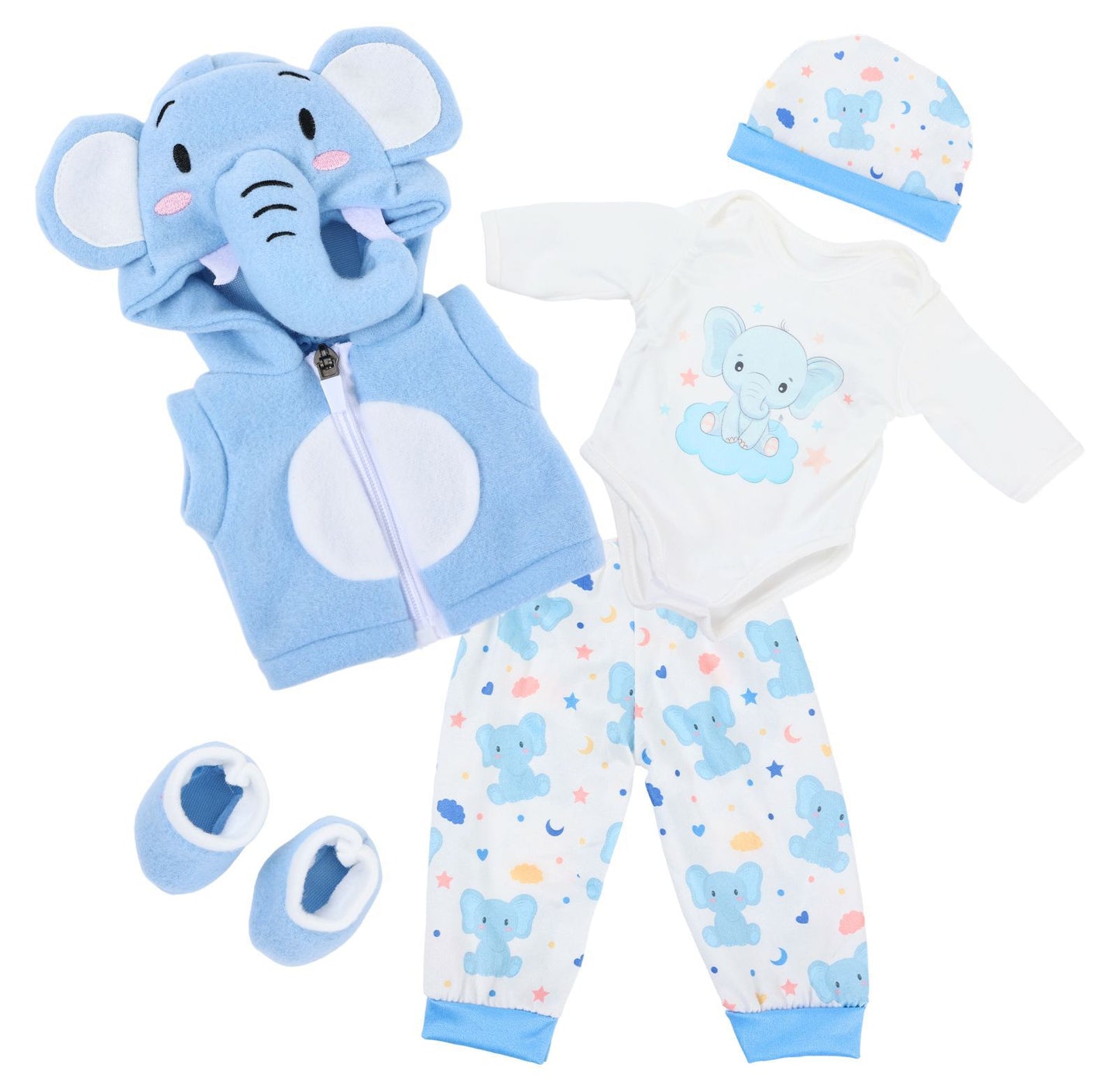 AmaMary 5 pcs 18 inch Doll Clothes, Blue Elephant Cotton Plush Fall Winter Outfit Set for Girls – Jacket, Pants, Long Sleeve, Hat, Socks – Birthday Gift