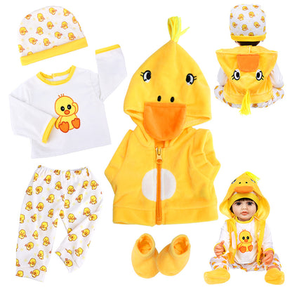 AmaMary 22-23 inch Yellow Duck 5-Piece Cotton Doll Clothes Set with Hat, Pants, Socks, Jacket & Top, Fun Dress-Up, Birthday, Christmas, Indoor & Outdoor Play for Girls