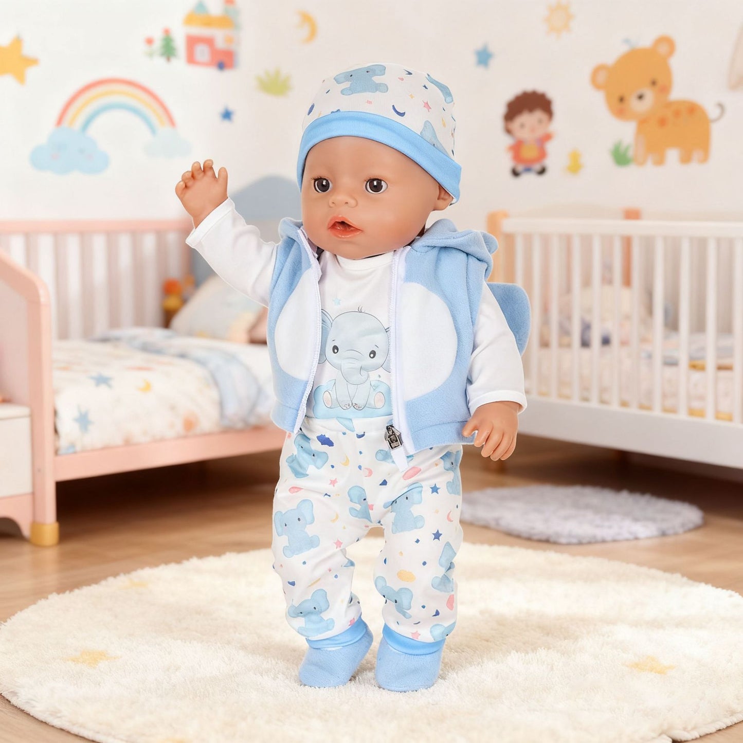 AmaMary 5 pcs 18 inch Doll Clothes, Blue Elephant Cotton Plush Fall Winter Outfit Set for Girls – Jacket, Pants, Long Sleeve, Hat, Socks – Birthday Gift