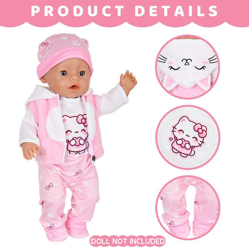 AmaMary 5 pcs 18 inch Doll Outfit, Pink Kitty Cozy Cotton Plush Fall Winter Clothes for Girls – Jacket, Pants, Long Sleeve, Hat, Socks – Holiday Gift