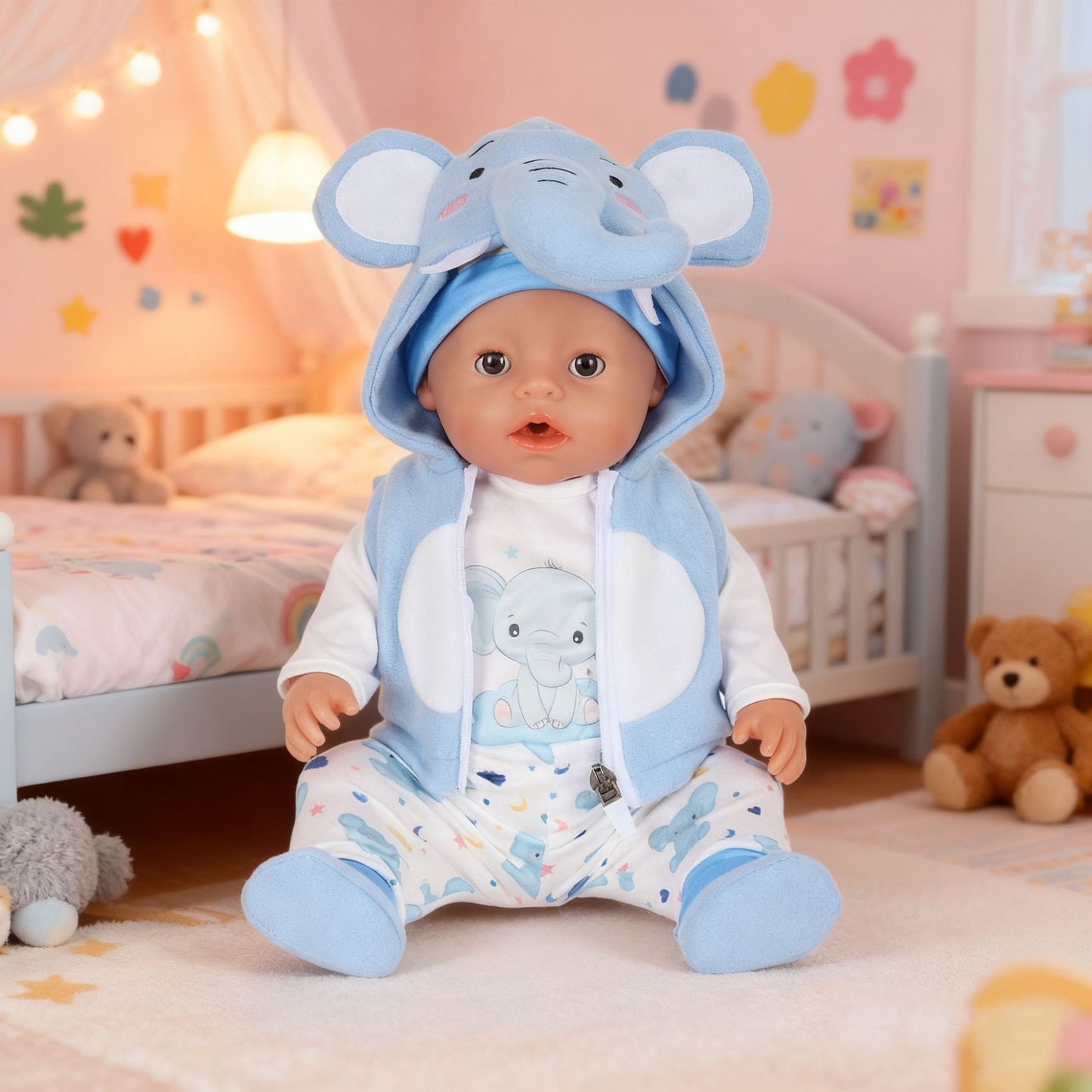 AmaMary 5 pcs 18 inch Doll Clothes, Blue Elephant Cotton Plush Fall Winter Outfit Set for Girls – Jacket, Pants, Long Sleeve, Hat, Socks – Birthday Gift