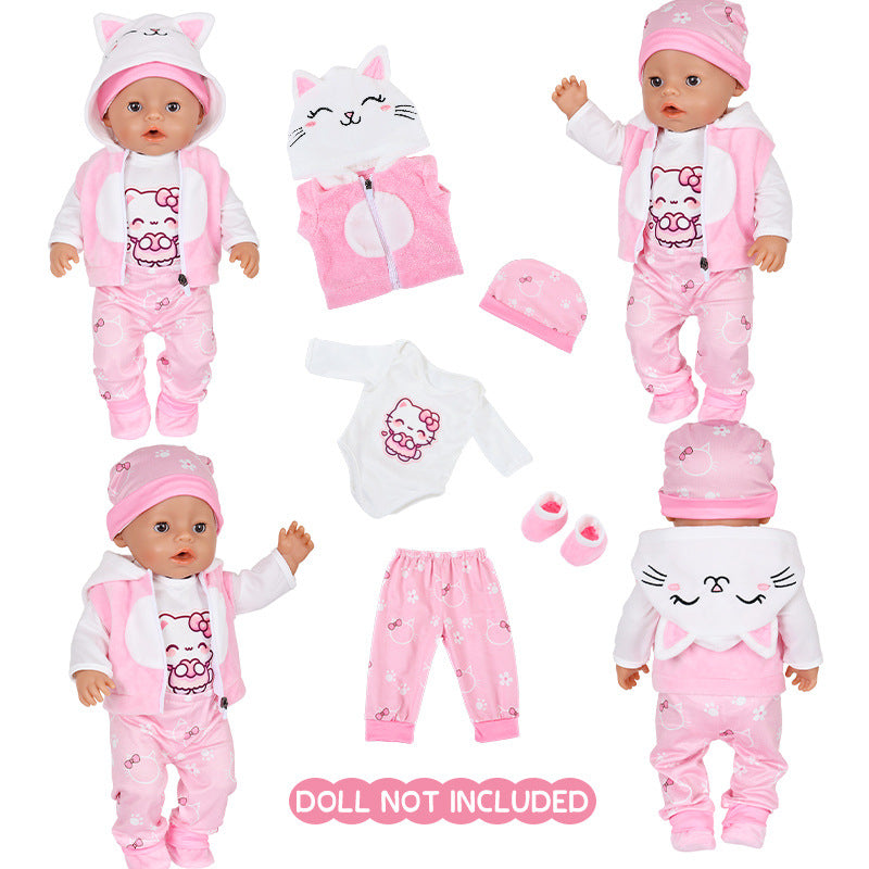 AmaMary 5 pcs 18 inch Doll Outfit, Pink Kitty Cozy Cotton Plush Fall Winter Clothes for Girls – Jacket, Pants, Long Sleeve, Hat, Socks – Holiday Gift