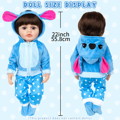AmaMary Reborn Doll Clothes 20-23 Inch Blue Dog Outfit – Plush Hooded Cartoon Set for 22 Inch Dolls – Soft Eco-Friendly Fabric Accessories for Kids Age 3+, Birthday & Holiday Gift Collectibles