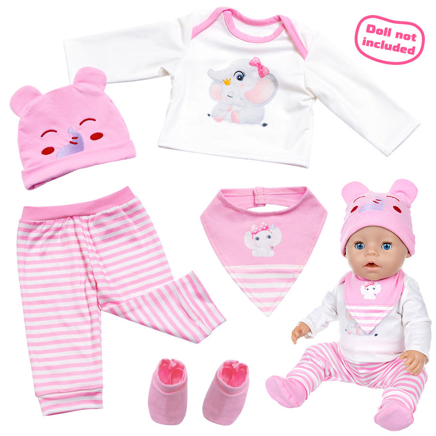 AmaMary Cotton Pink Elephant Outfit for 16-18 inch Dolls – 4-Piece Long Sleeve Pants Hat Bib Set for Girls Toddler Dress-Up Birthday Holiday Pretend Play