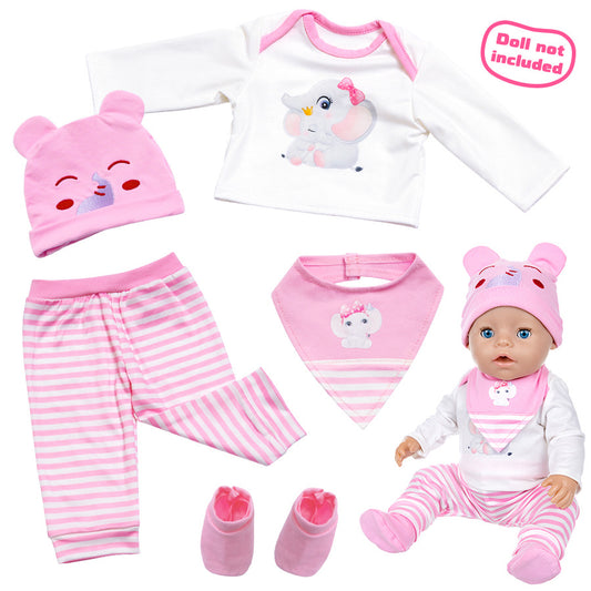 AmaMary Cotton Pink Elephant Outfit for 16-18 inch Dolls – 4-Piece Long Sleeve Pants Hat Bib Set for Girls Toddler Dress-Up Birthday Holiday Pretend Play