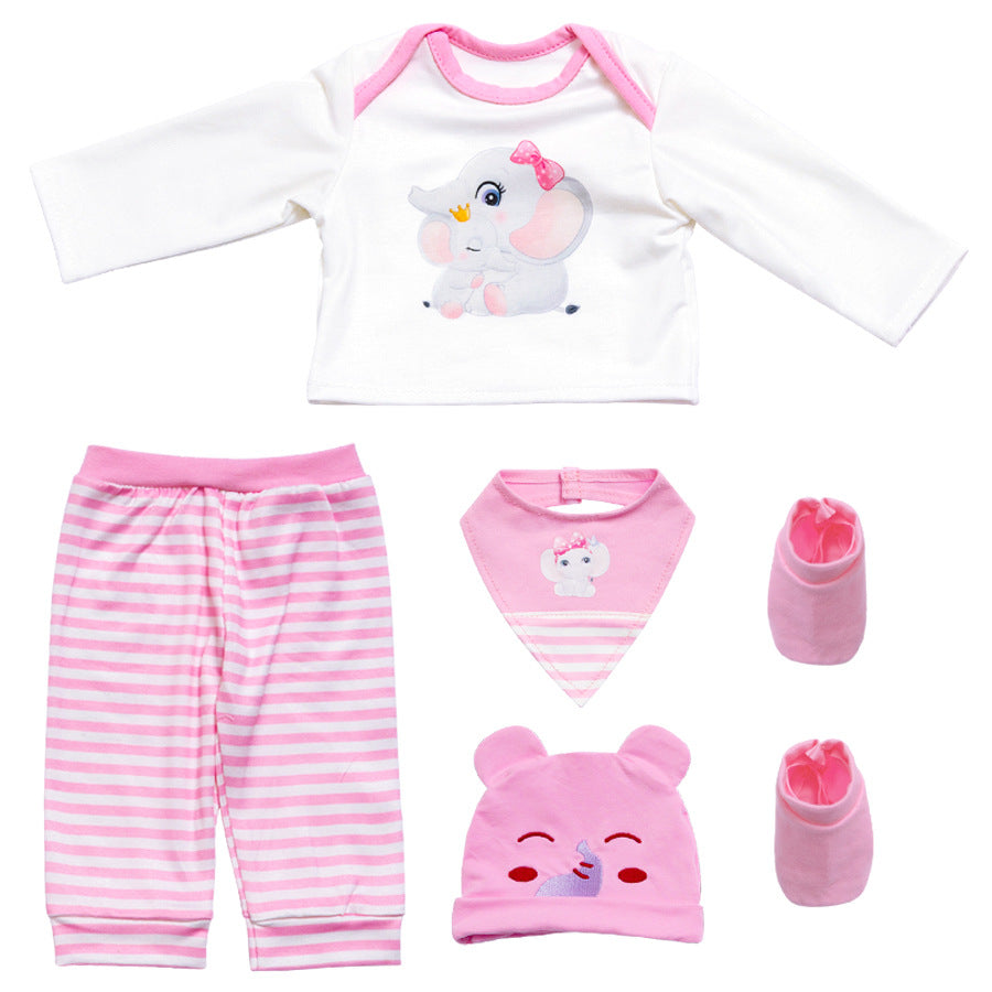 AmaMary Cotton Pink Elephant Outfit for 16-18 inch Dolls – 4-Piece Long Sleeve Pants Hat Bib Set for Girls Toddler Dress-Up Birthday Holiday Pretend Play