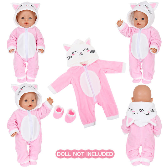 AmaMary 5 pcs 18 inch Doll Outfit, Pink Kitty Cozy Cotton Plush Fall Winter Clothes for Girls – Jacket, Pants, Long Sleeve, Hat, Socks – Holiday Gift