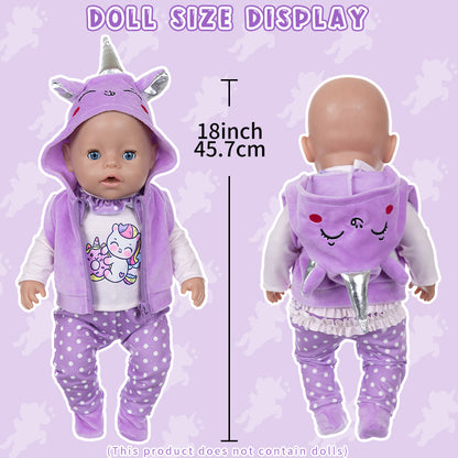 AmaMary Cotton Purple Unicorn Outfit for 16-18 inch Dolls – 4-Piece Jacket Long Sleeve Pants Socks Set for Girls Fantasy Dress-Up Birthday Holiday Imaginative Play