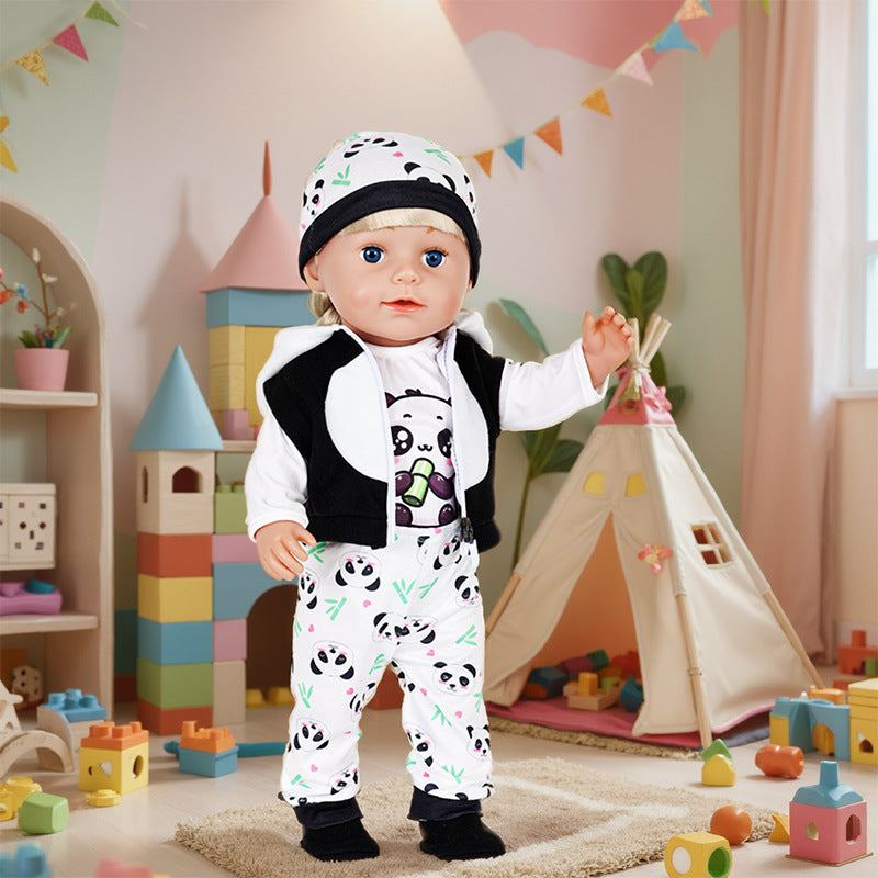 AmaMary 5 pcs 18 inch Doll Apparel, Black Panda Soft Cotton Plush Cold-Weather Wear for Girls – Jacket, Pants, Long Sleeve, Hat, Socks – Christmas Present