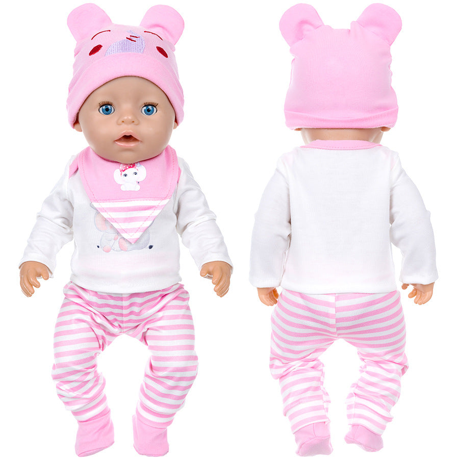 AmaMary Cotton Pink Elephant Outfit for 16-18 inch Dolls – 4-Piece Long Sleeve Pants Hat Bib Set for Girls Toddler Dress-Up Birthday Holiday Pretend Play