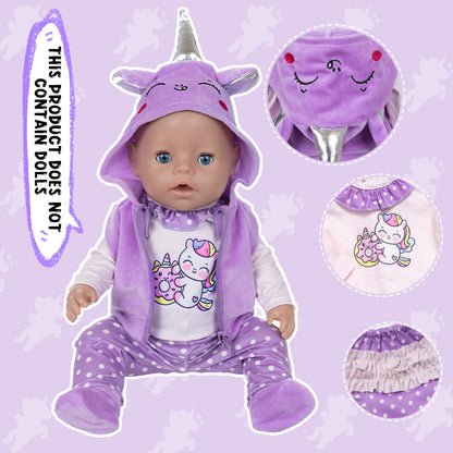 AmaMary Cotton Purple Unicorn Outfit for 16-18 inch Dolls – 4-Piece Jacket Long Sleeve Pants Socks Set for Girls Fantasy Dress-Up Birthday Holiday Imaginative Play