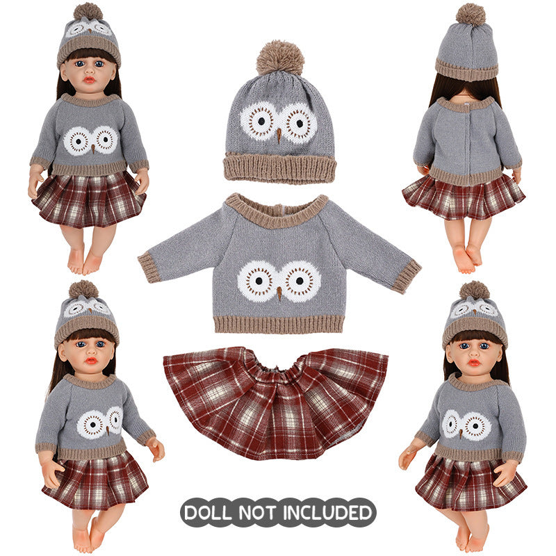 AmaMary 22 inch Reborn Doll Winter Plaid Outfit, 3 Piece Gray Sweater Skirt and Hat Set for Christmas Gift