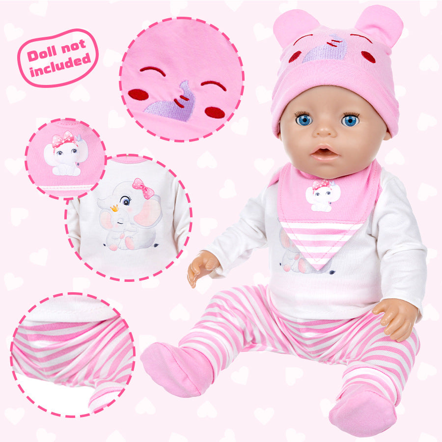 AmaMary Cotton Pink Elephant Outfit for 16-18 inch Dolls – 4-Piece Long Sleeve Pants Hat Bib Set for Girls Toddler Dress-Up Birthday Holiday Pretend Play