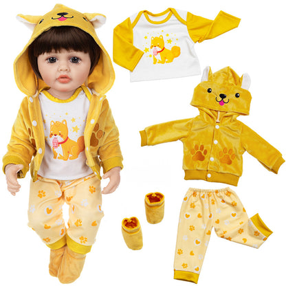 AmaMary 22 inch Reborn Doll Clothes Set, Cute Yellow Dog 4 Piece Baby Doll Outfit with Jacket Pants Shirt Socks
