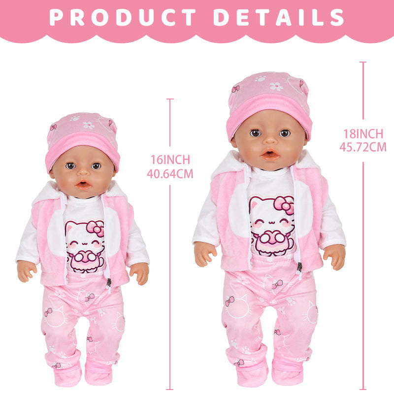 AmaMary 5 pcs 18 inch Doll Outfit, Pink Kitty Cozy Cotton Plush Fall Winter Clothes for Girls – Jacket, Pants, Long Sleeve, Hat, Socks – Holiday Gift