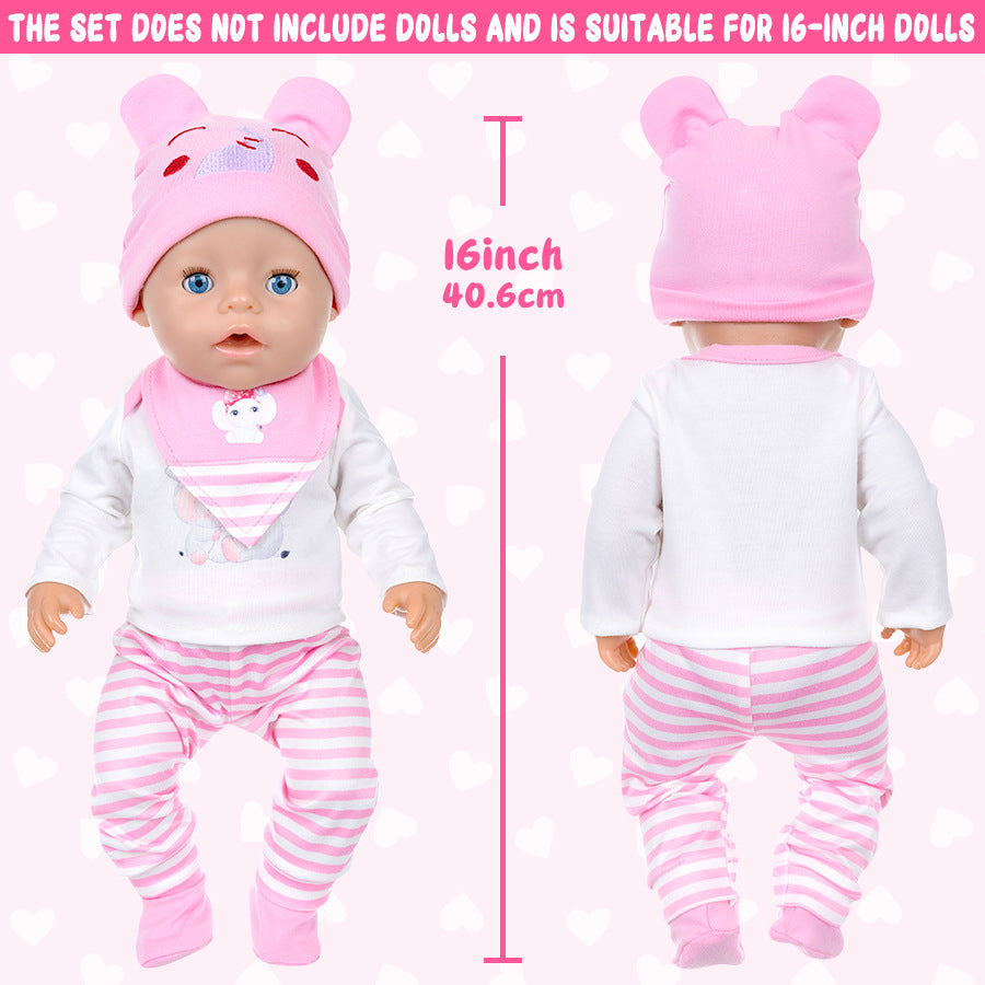 AmaMary Cotton Pink Elephant Outfit for 16-18 inch Dolls – 4-Piece Long Sleeve Pants Hat Bib Set for Girls Toddler Dress-Up Birthday Holiday Pretend Play