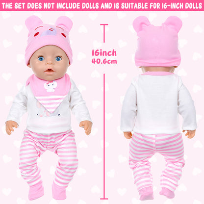 AmaMary Cotton Pink Elephant Outfit for 16-18 inch Dolls – 4-Piece Long Sleeve Pants Hat Bib Set for Girls Toddler Dress-Up Birthday Holiday Pretend Play