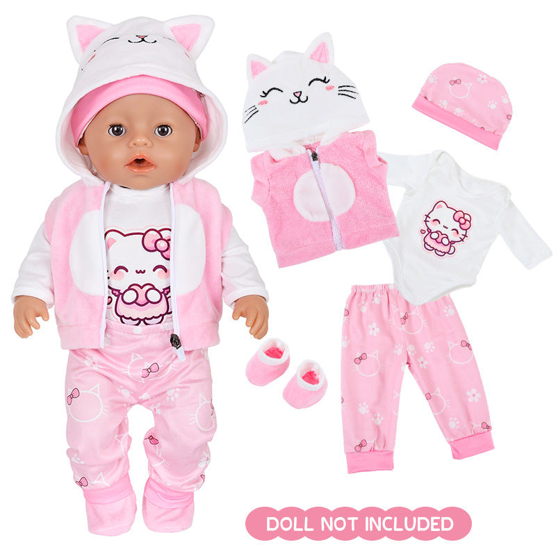 AmaMary 5 pcs 18 inch Doll Outfit, Pink Kitty Cozy Cotton Plush Fall Winter Clothes for Girls – Jacket, Pants, Long Sleeve, Hat, Socks – Holiday Gift