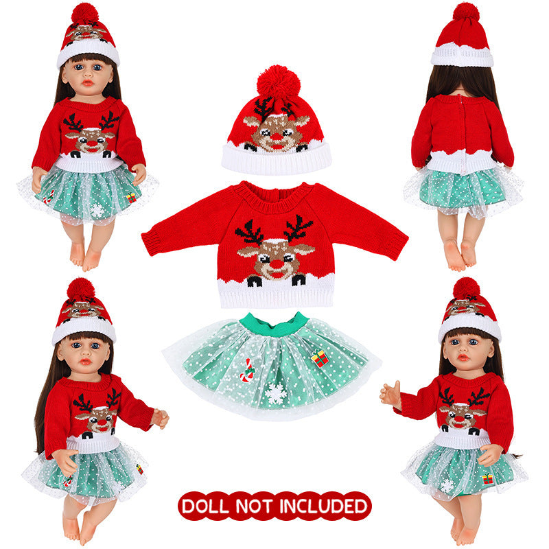 AmaMary 22 inch Reborn Doll Christmas Outfit, Red Reindeer Sweater Green Skirt and Hat Holiday Gift Set