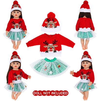 AmaMary 22 inch Reborn Doll Christmas Outfit, Red Reindeer Sweater Green Skirt and Hat Holiday Gift Set