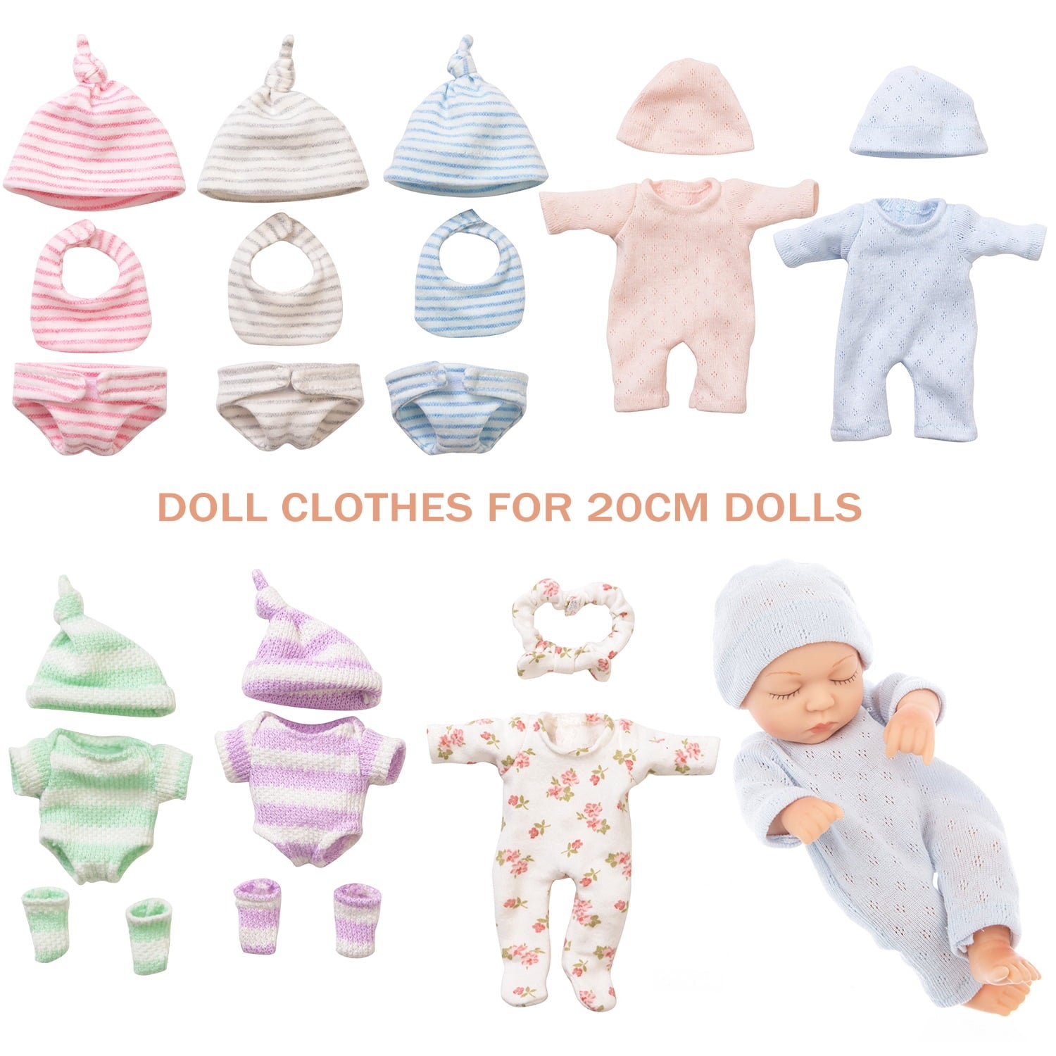 AlevRam 7 inch Knit Doll Clothes 3 Pack Color Random, Onesie Outfit Set with Hat No-Button Bodysuit 