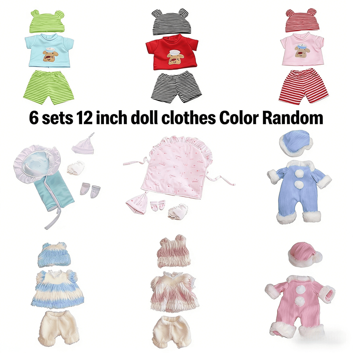 AlevRam 6 Sets 12 inch Baby Doll Clothes, Random Styles Doll Outfit Set Includes Bodysuit Hat Socks,