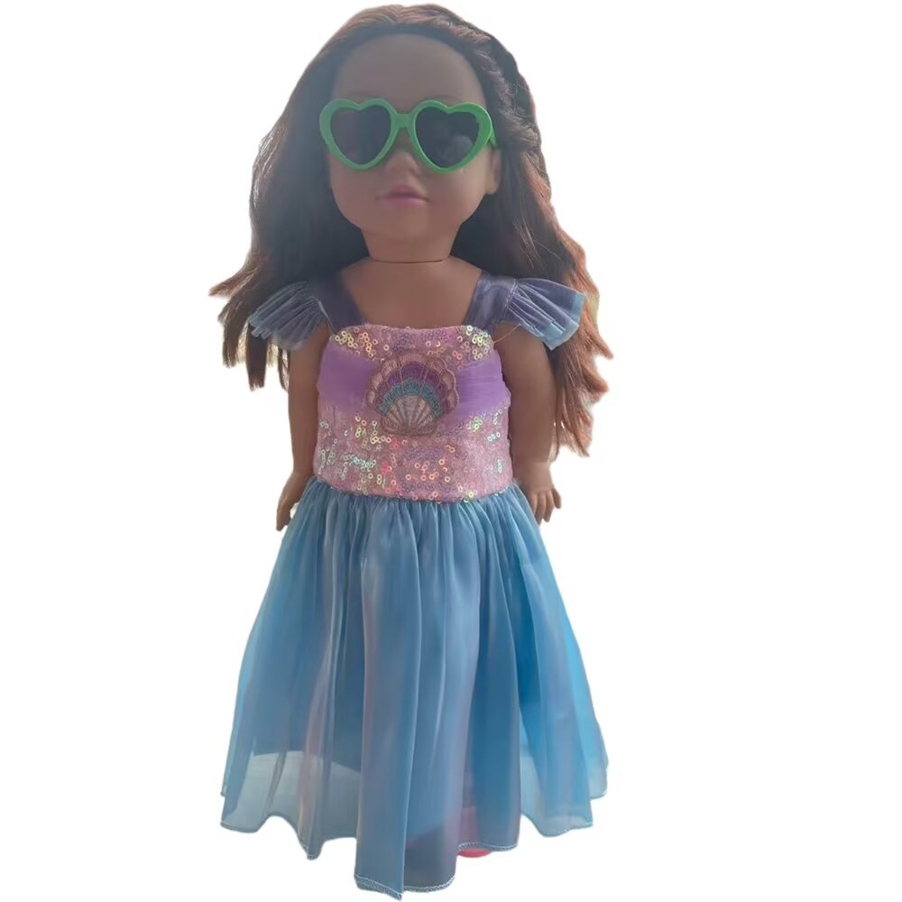 AlevRam 18 Inch Doll Shell Hemed Mesh Princess Sequin Bling Bling Doll Dress with Sunglasses and sho