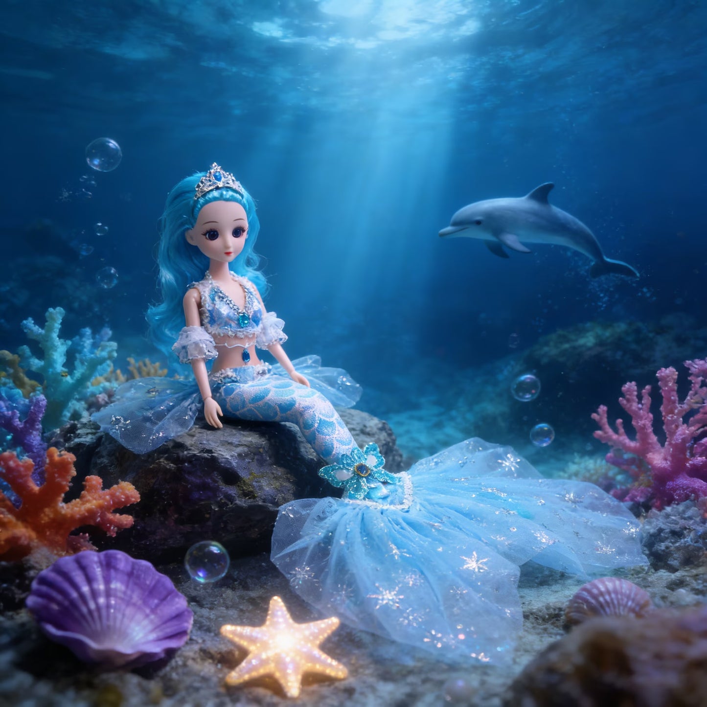 AmaMary 12 Inch Mermaid Princess Doll – Colorful Fashion Removable Outfit with Long Wavy Curly Hair – Poseable Mermaid Toy with 11 Joints – Gift for Girls Birthday, Holiday or Christmas