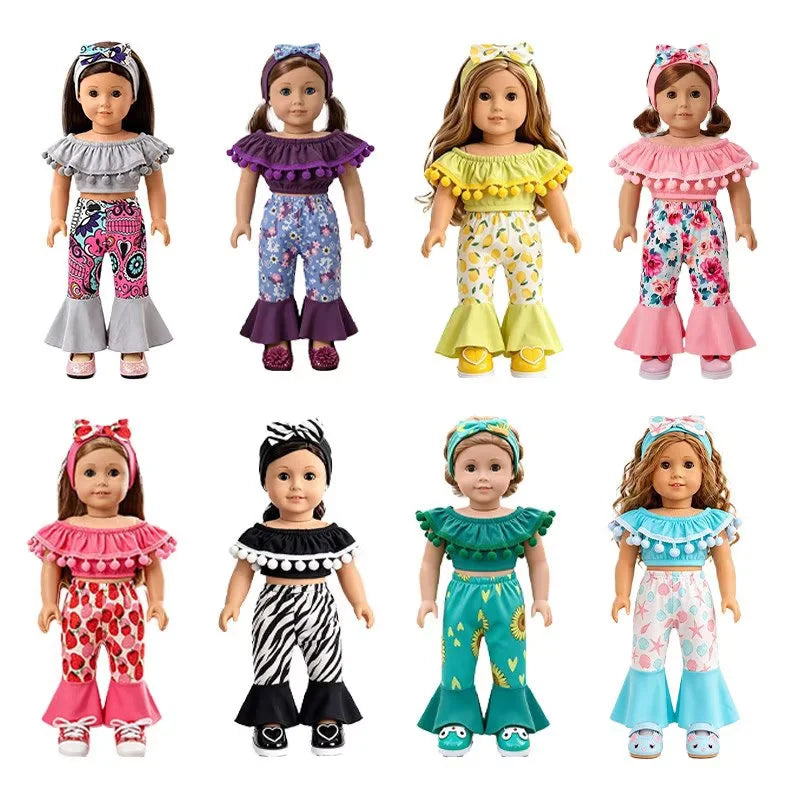 AlevRam 6 Sets 18 Inch Doll Clothes Flare Pants Fashion Outfit Random Colors Top Headband (Doll Not 
