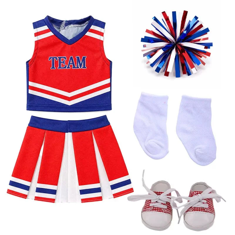 AlevRam 18 Inch Doll Clothes Red Cheerleading Outfit Set Top Skirt Pom Poms Socks Shoes (Doll Not In