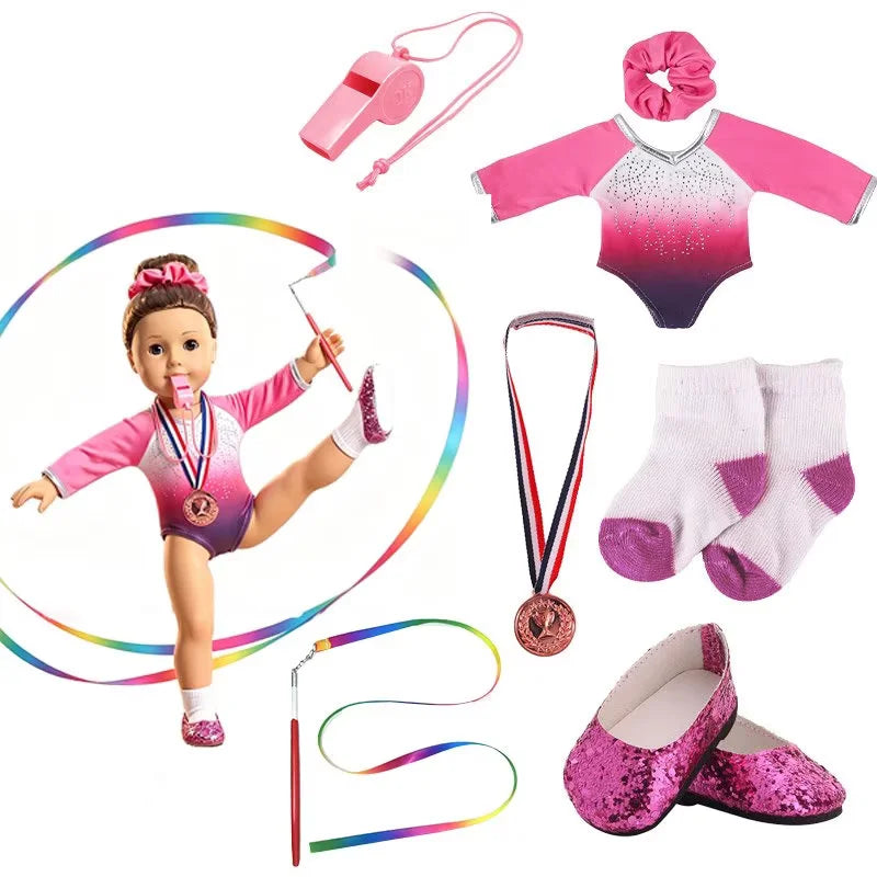 AlevRam 18 Inch Doll Clothes Pink Gymnastics Outfit 7pc Leotard Medal Ribbon Shoes Fits American Gir