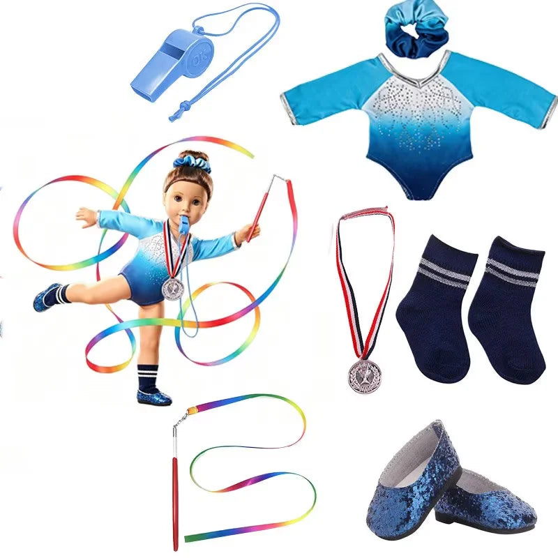AlevRam 18 Inch Doll Clothes Pink Gymnastics Outfit 7pc Leotard Medal Ribbon Shoes Fits American Girl (Doll Not Included)