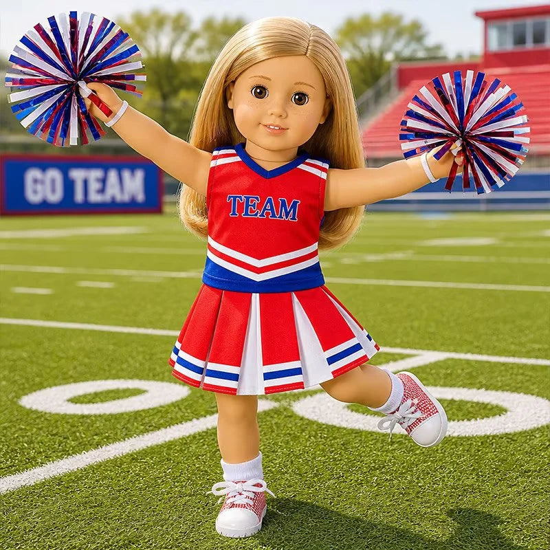 AlevRam 18 Inch Doll Clothes Red Cheerleading Outfit Set Top Skirt Pom Poms Socks Shoes (Doll Not In