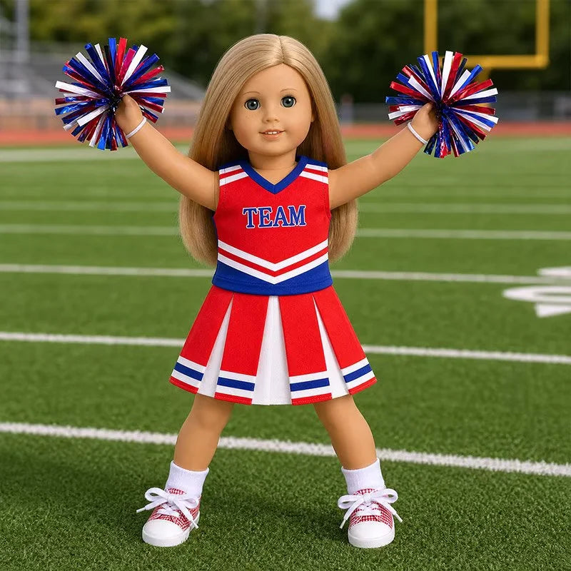 AlevRam 18 Inch Doll Clothes Red Cheerleading Outfit Set Top Skirt Pom Poms Socks Shoes (Doll Not In