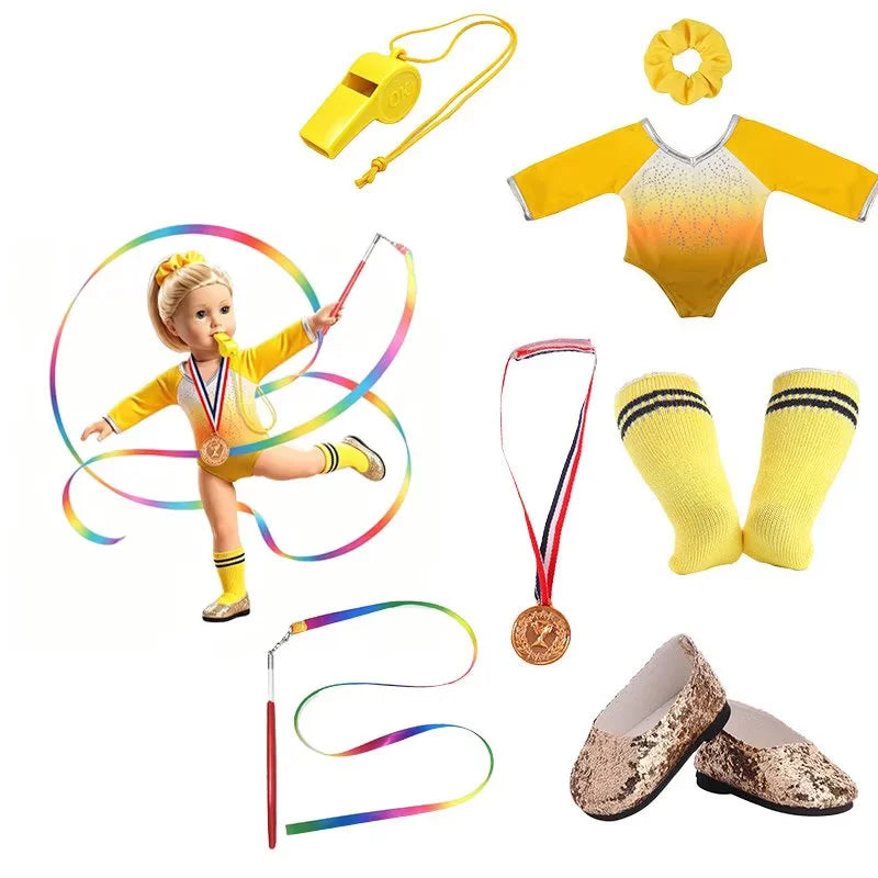 AlevRam 18 Inch Doll Clothes Pink Gymnastics Outfit 7pc Leotard Medal Ribbon Shoes Fits American Girl (Doll Not Included)